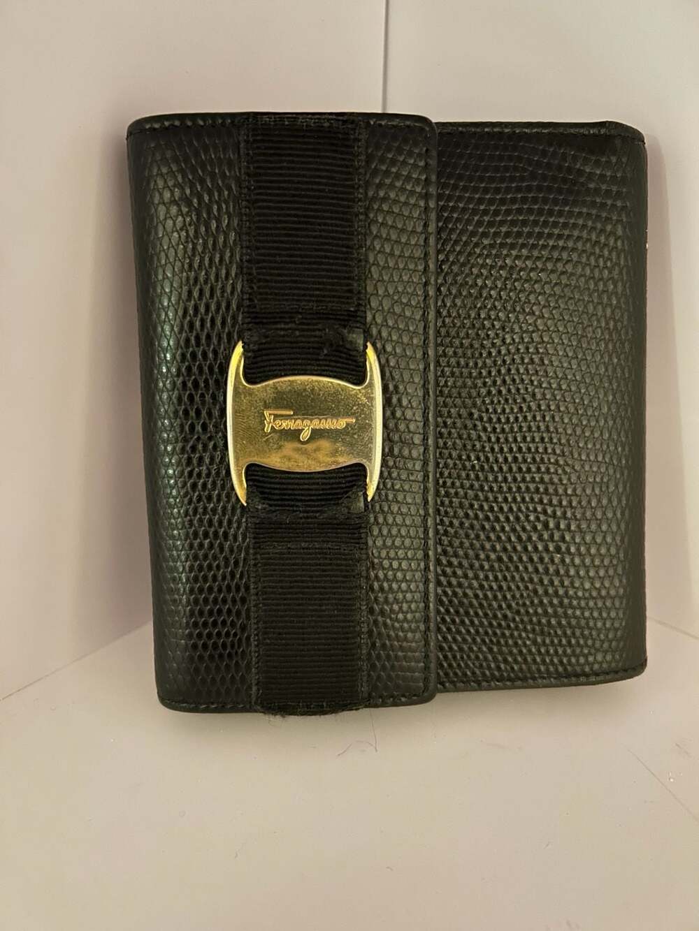 Salvatore Ferragamo Black Textured Leather Wallet With Gancini Clasp